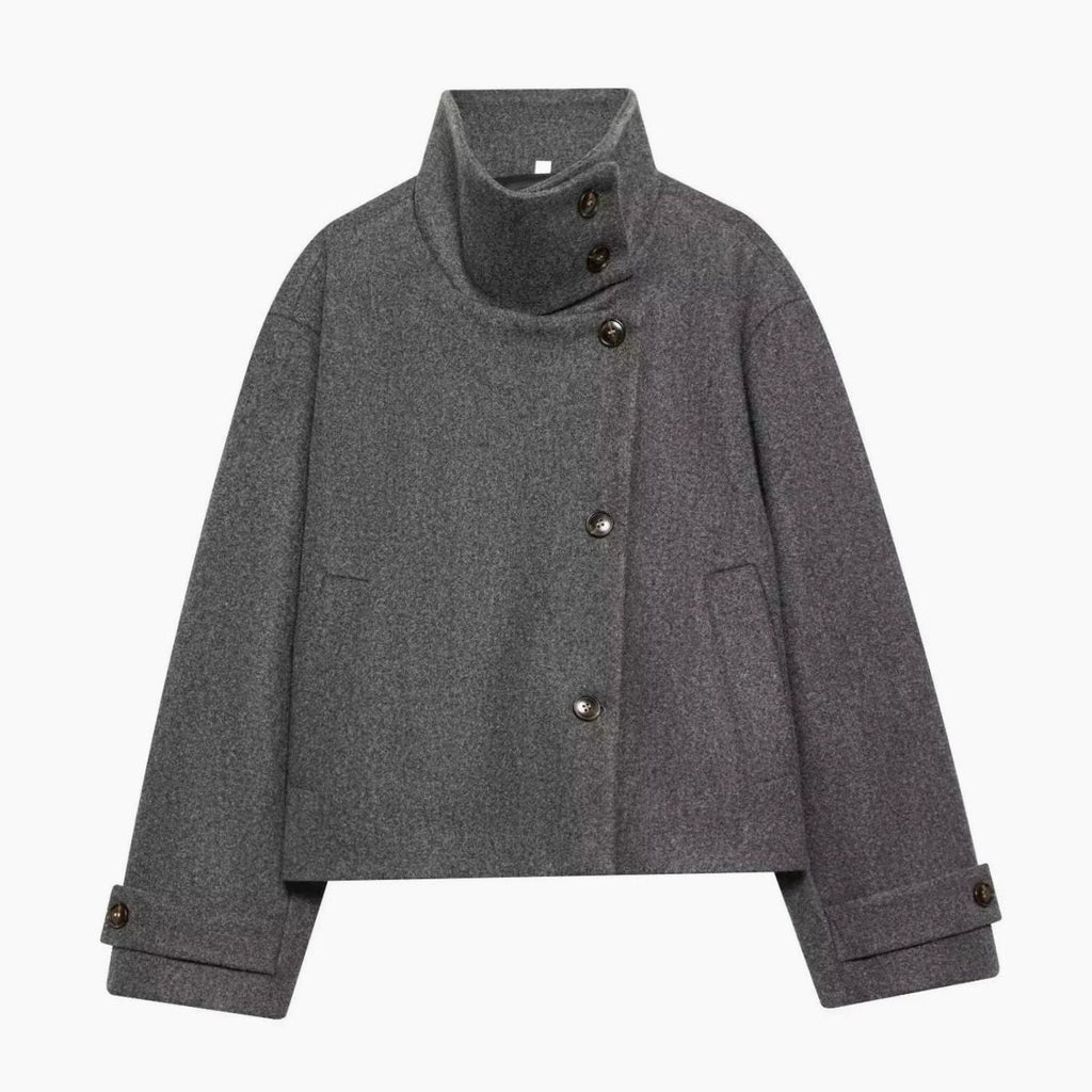 Women's Cropped High-Collar Coat with Asymmetric Buttons, Grey, view 9