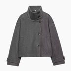 Women's Cropped High-Collar Coat with Asymmetric Buttons, Grey, view 9
