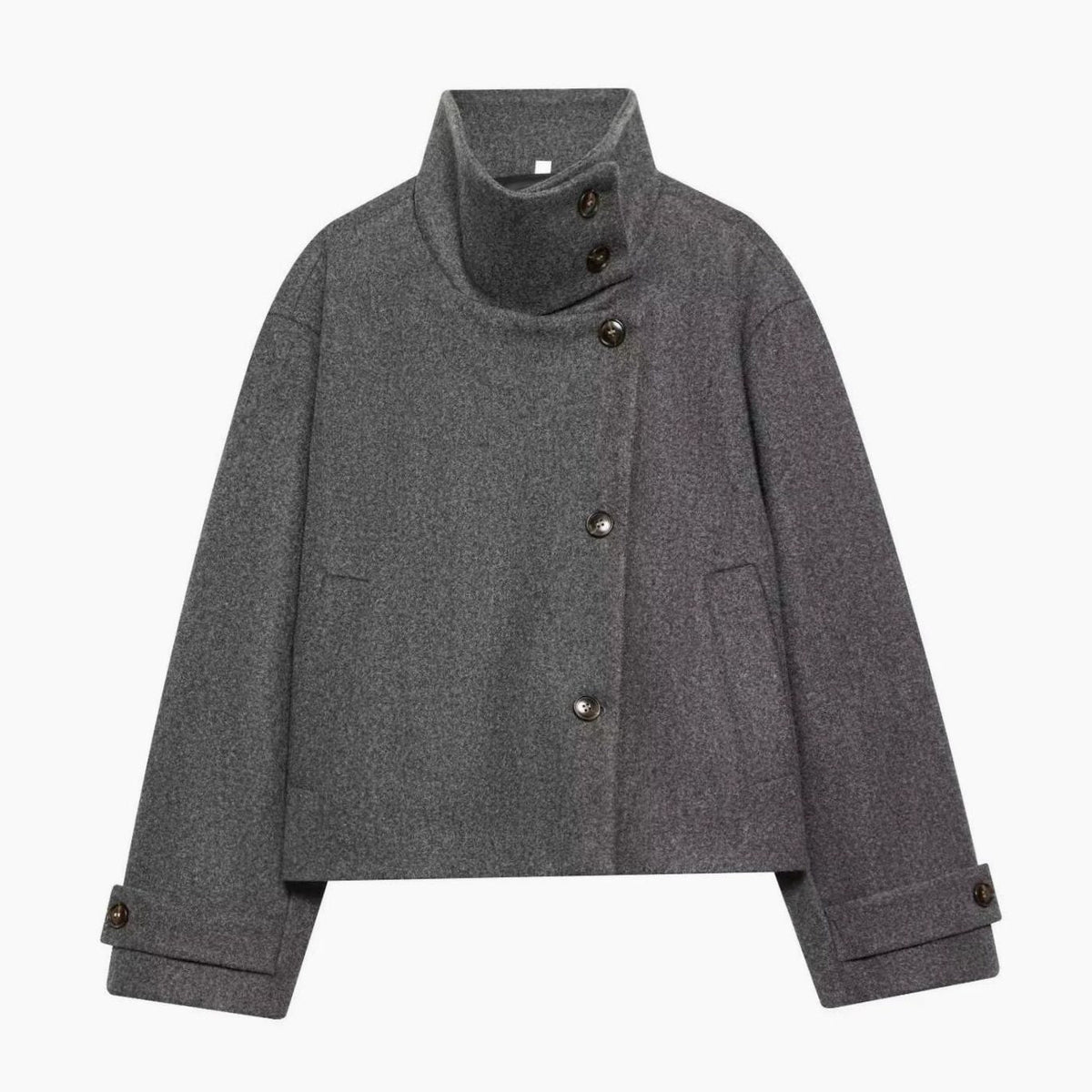 Women's Cropped High-Collar Coat with Asymmetric Buttons, Grey, view 9