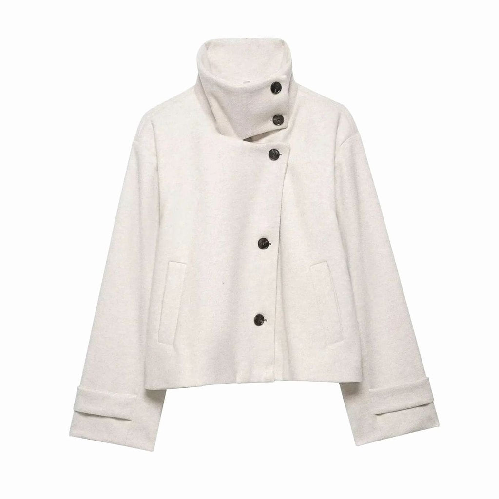 Women's Cropped High-Collar Coat with Asymmetric Buttons, White, view 10