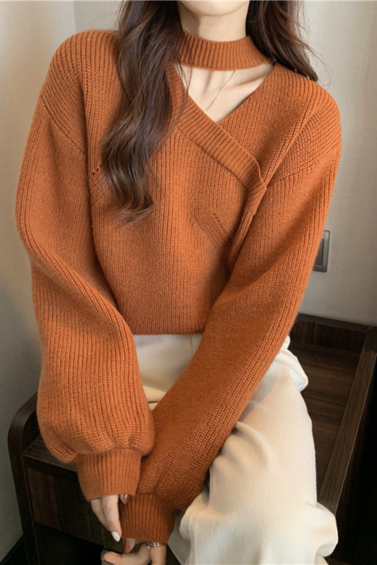 Women's Cropped Jumper with Choker and Wrap V-Neck, Brown, view 1