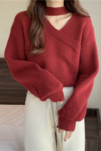 Women's Cropped Jumper with Choker and Wrap V-Neck, Red, view 3