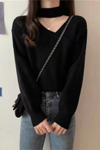 Women's Cropped Jumper with Choker and Wrap V-Neck, Black, view 4
