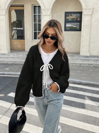 Women's Cropped Knit Cardigan with Bow Tie and Scalloped Trim, view 1