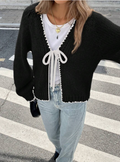 Women's Cropped Knit Cardigan with Bow Tie and Scalloped Trim, Black, view 2