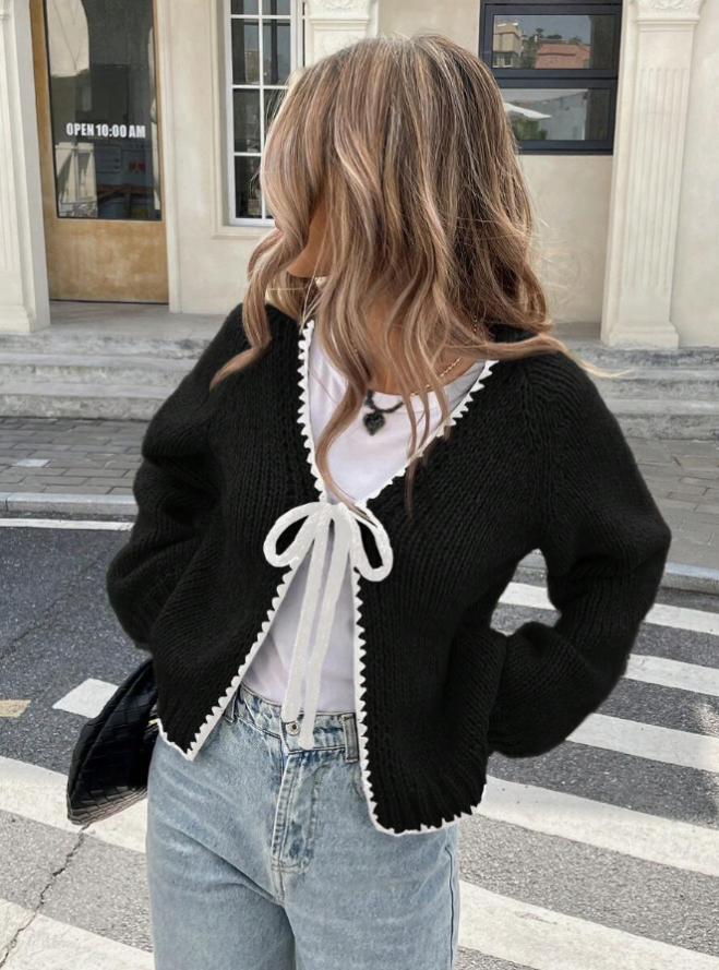 Women's Cropped Knit Cardigan with Bow Tie and Scalloped Trim, view 3