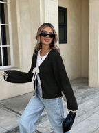 Women's Cropped Knit Cardigan with Bow Tie and Scalloped Trim, view 5