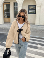 Women's Cropped Knit Cardigan with Bow Tie and Scalloped Trim, view 6
