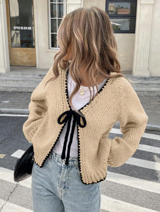 Women's Cropped Knit Cardigan with Bow Tie and Scalloped Trim, Beige, view 8