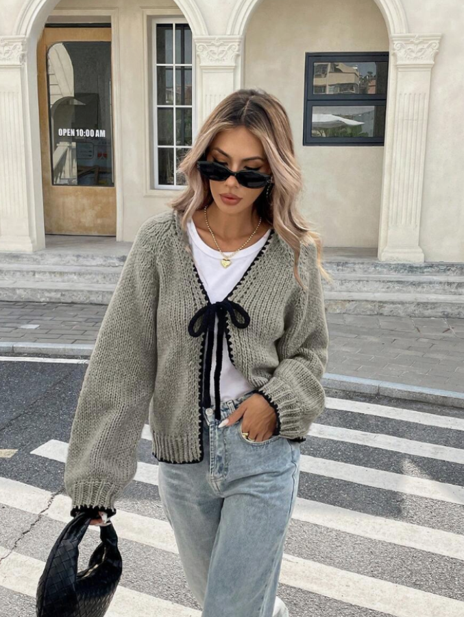 Women's Cropped Knit Cardigan with Bow Tie and Scalloped Trim, Grey, view 9