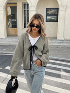 Women's Cropped Knit Cardigan with Bow Tie and Scalloped Trim, Grey, view 9
