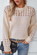 Women's Cropped Knit Jumper with Open-Stitch Shoulder Detail, Beige, view 1