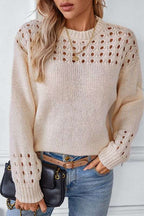 Women's Cropped Knit Jumper with Open-Stitch Shoulder Detail, Beige, view 1