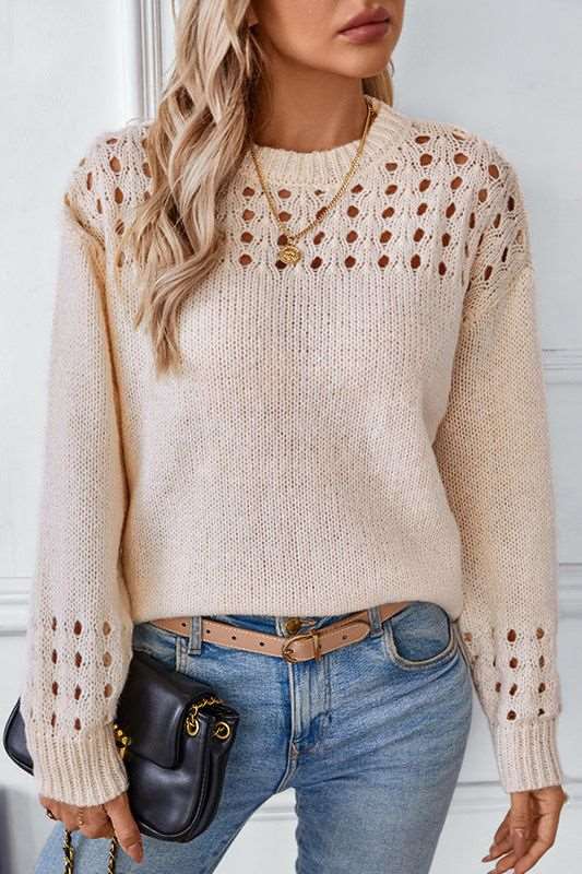Women's Cropped Knit Jumper with Open-Stitch Shoulder Detail, view 3