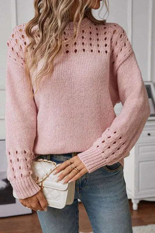 Women's Cropped Knit Jumper with Open-Stitch Shoulder Detail, Pink, view 4