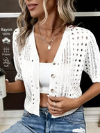 Women's Cropped Open-Knit Cardigan with Short Sleeves, White, view 2