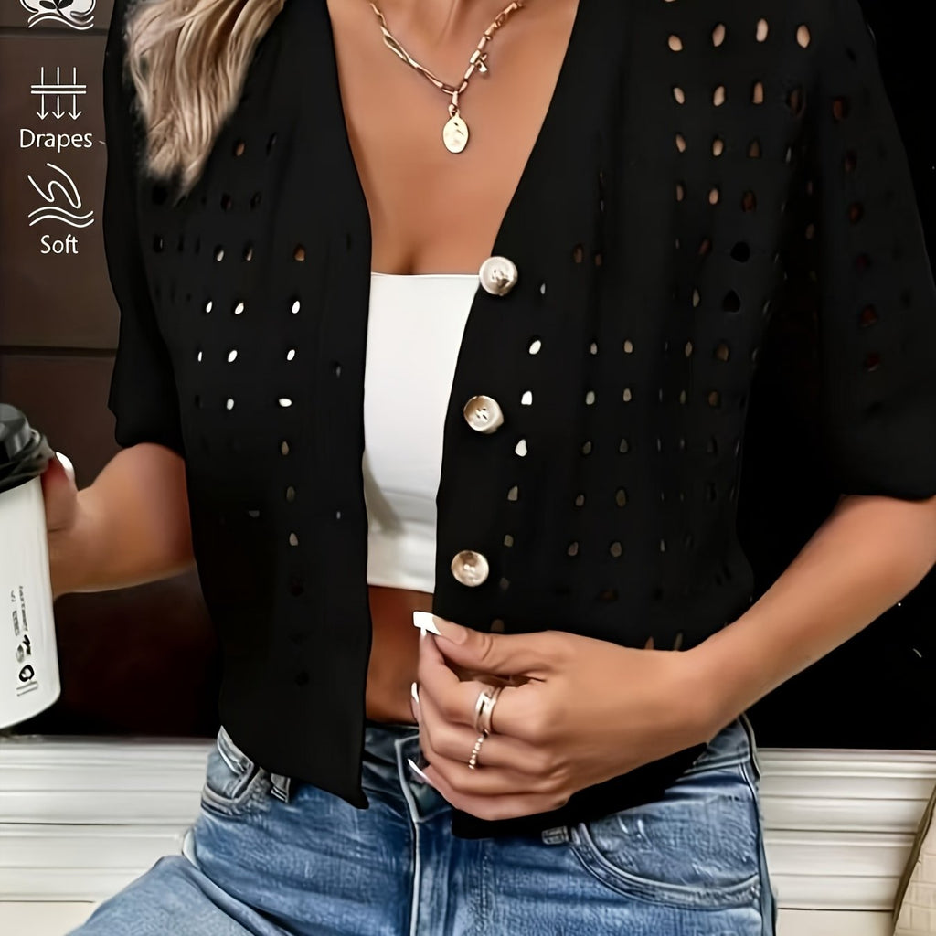 Women's Cropped Open-Knit Cardigan with Short Sleeves, Black, view 3