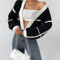 Women's Cropped Rib Knit Cardigan with Puff Sleeves and Stripes, Black, view 1