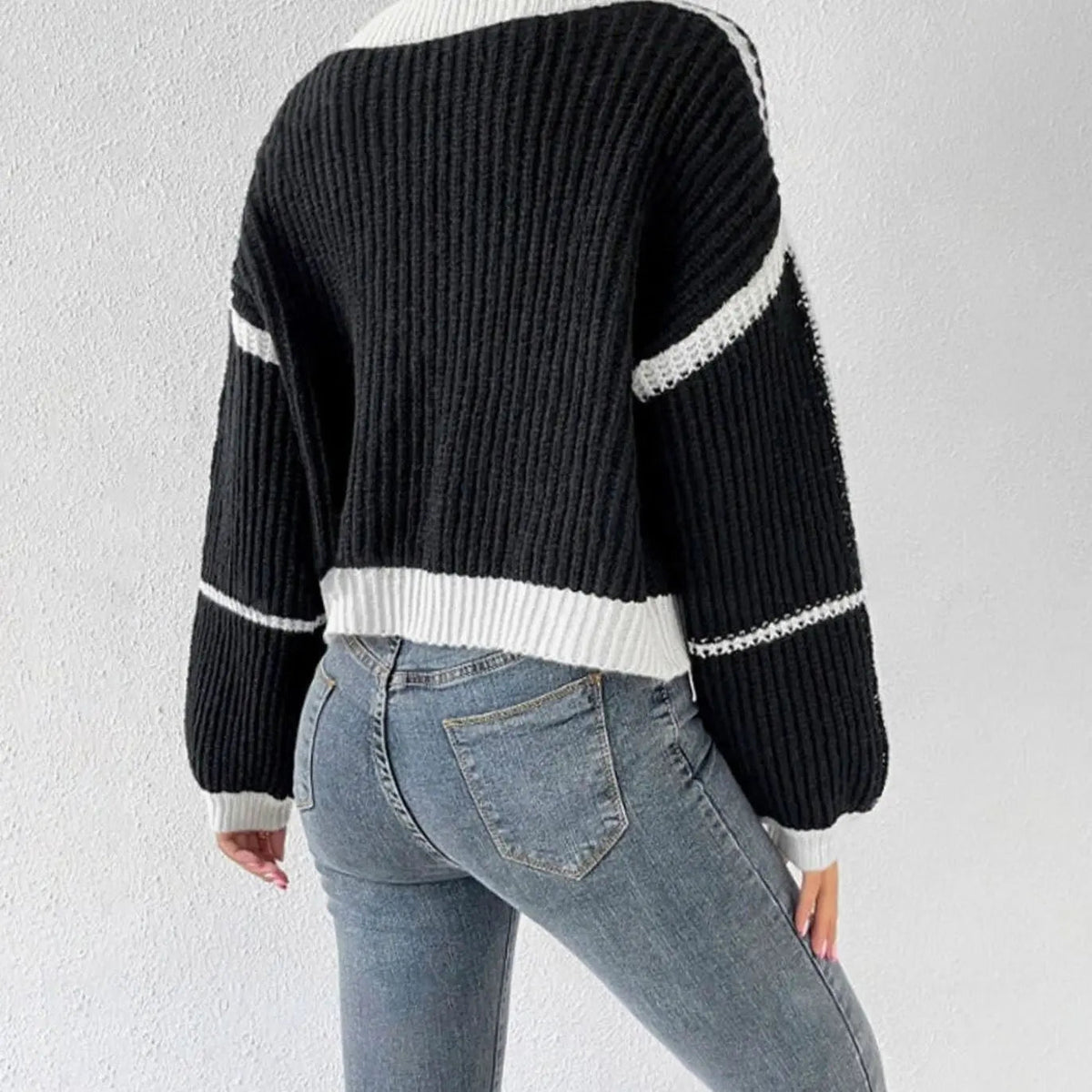 Women's Cropped Rib Knit Cardigan with Puff Sleeves and Stripes, view 2