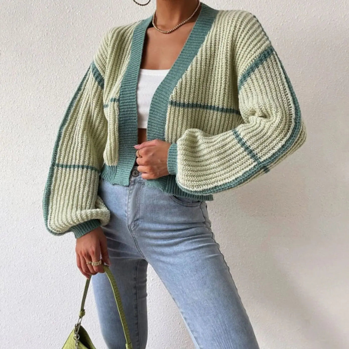 Women's Cropped Rib Knit Cardigan with Puff Sleeves and Stripes, Light Green, view 3