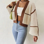Women's Cropped Rib Knit Cardigan with Puff Sleeves and Stripes, Khaki, view 4