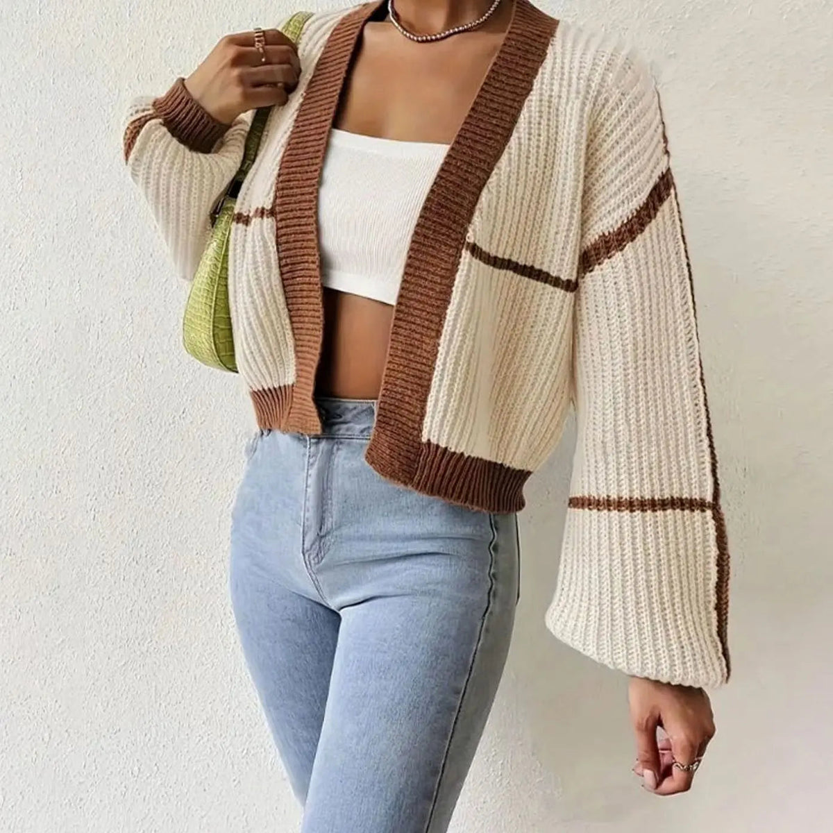 Women's Cropped Rib Knit Cardigan with Puff Sleeves and Stripes, Khaki, view 4