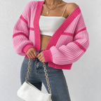 Women's Cropped Rib Knit Cardigan with Puff Sleeves and Stripes, Pink, view 5