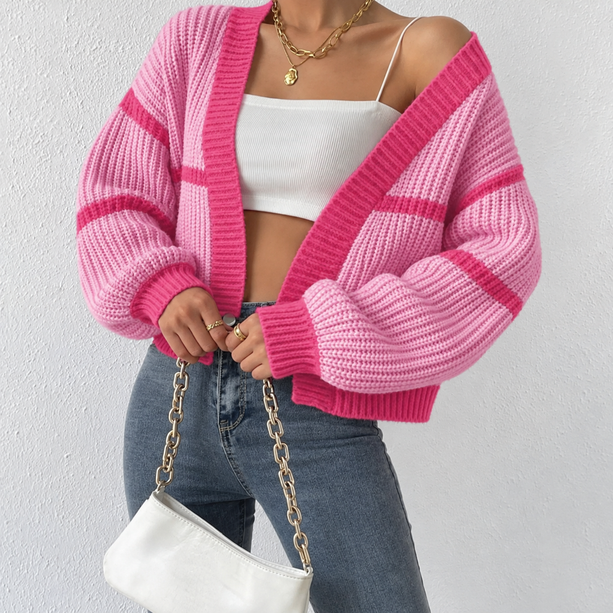 Women's Cropped Rib Knit Cardigan with Puff Sleeves and Stripes, Pink, view 5