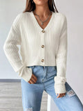 Women's Cropped Ribbed Knit Cardigan with V-Neck, White, view 1