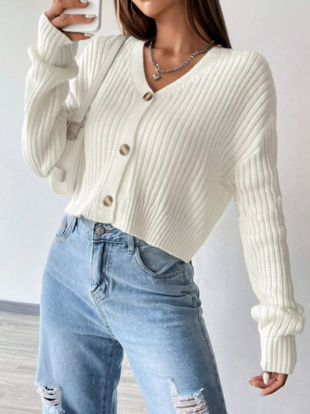 Women's Cropped Ribbed Knit Cardigan with V-Neck, view 2