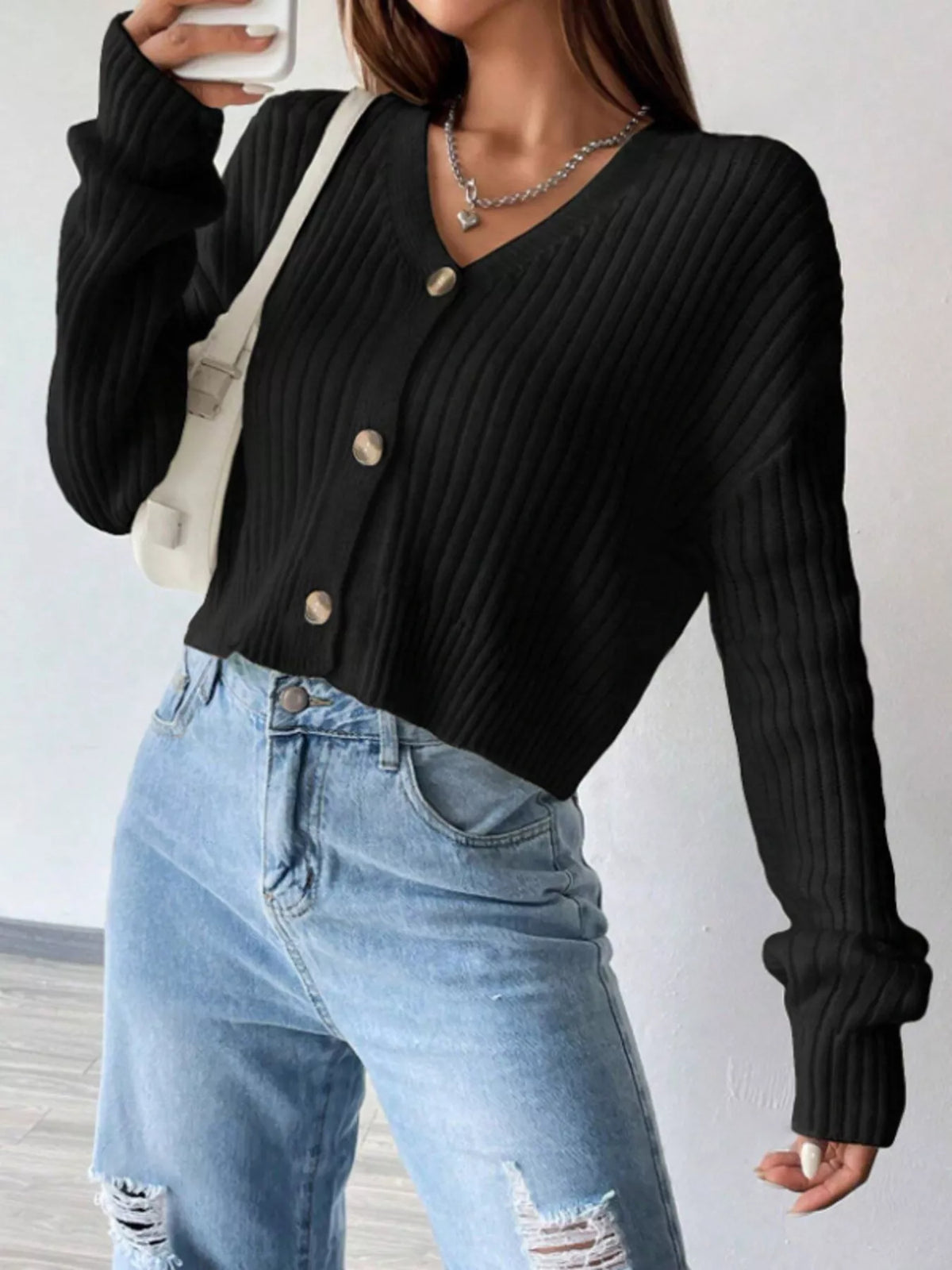 Women's Cropped Ribbed Knit Cardigan with V-Neck, view 4