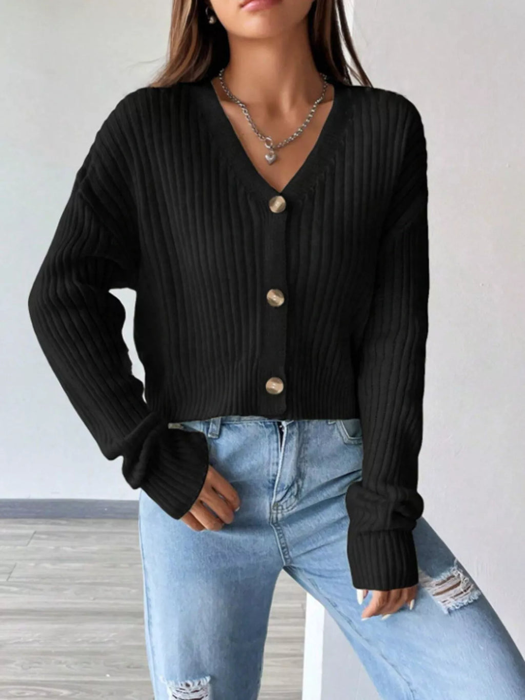 Women's Cropped Ribbed Knit Cardigan with V-Neck, view 5