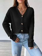 Women's Cropped Ribbed Knit Cardigan with V-Neck, view 5