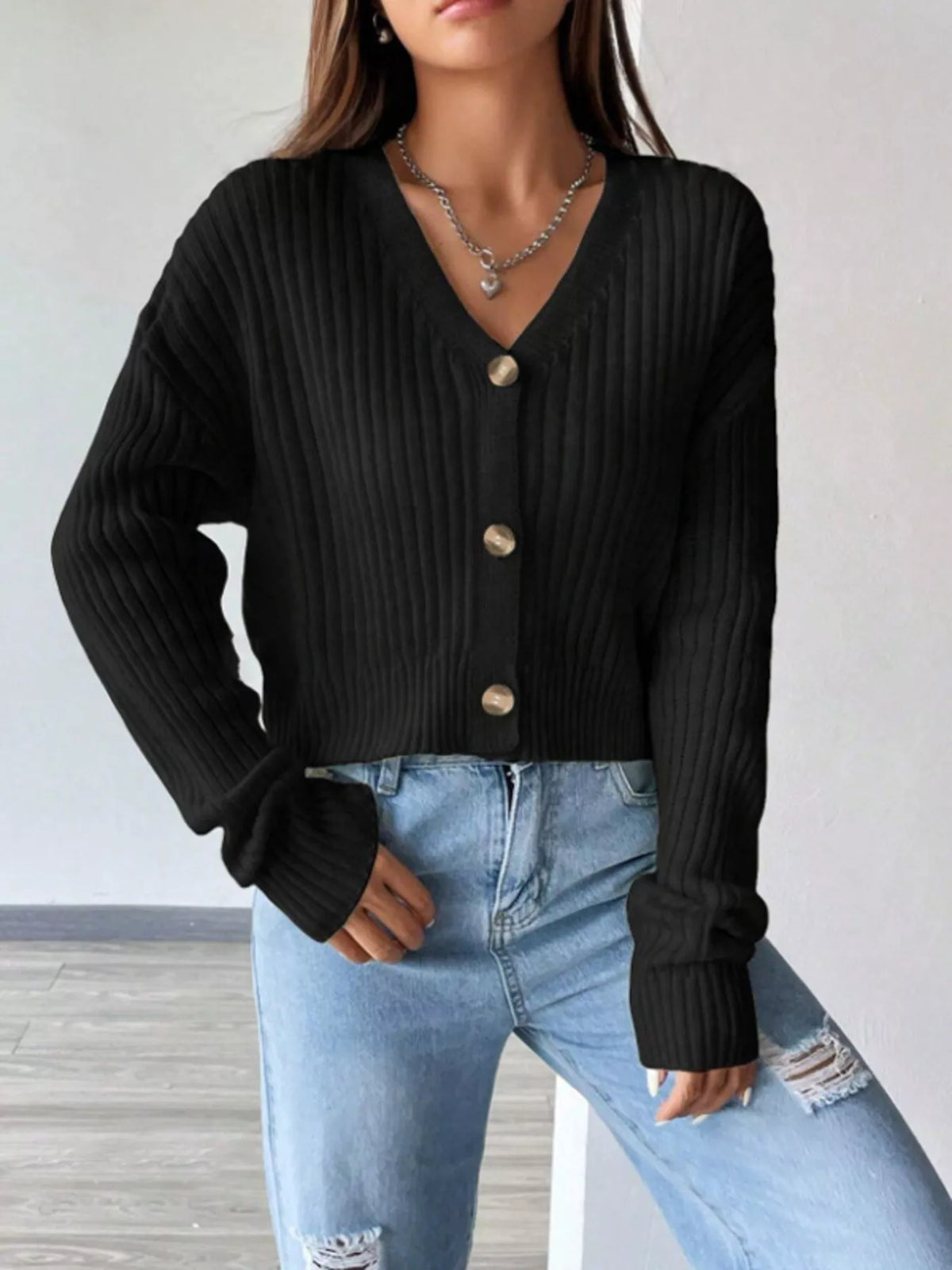 Women's Cropped Ribbed Knit Cardigan with V-Neck, view 5