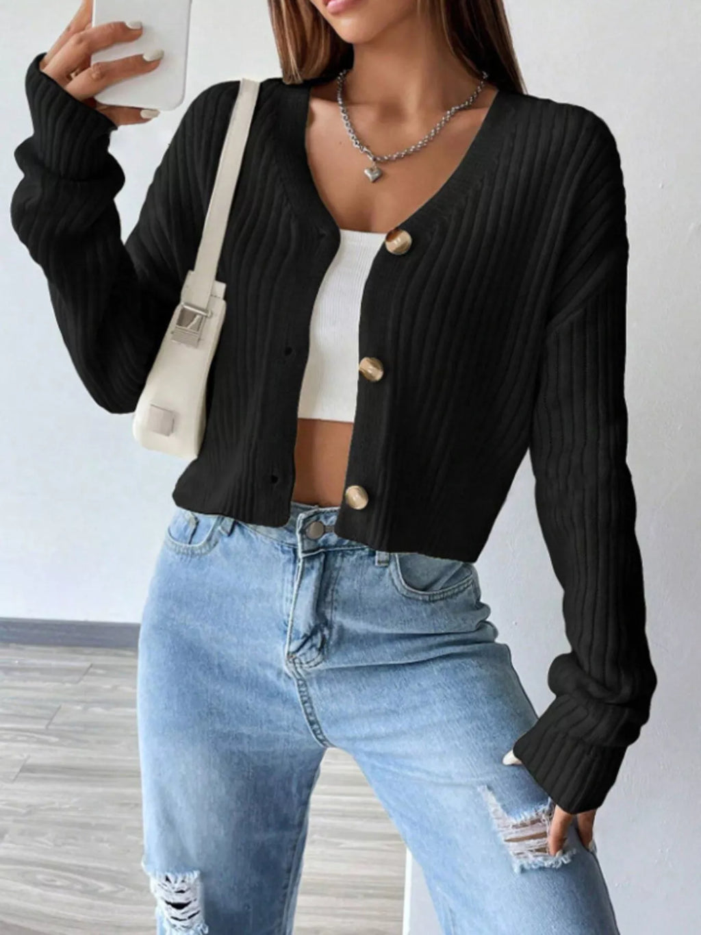 Women's Cropped Ribbed Knit Cardigan with V-Neck, Black, view 6
