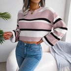 Women's Cropped Striped Jumper with Colour Block, view 2