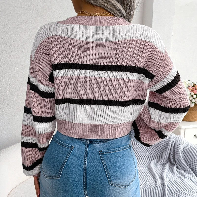 Women's Cropped Striped Jumper with Colour Block, view 3
