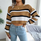 Women's Cropped Striped Jumper with Colour Block, Beige, view 4