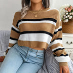 Women's Cropped Striped Jumper with Colour Block, view 5