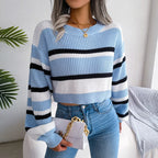 Women's Cropped Striped Jumper with Colour Block, Sky Blue, view 7
