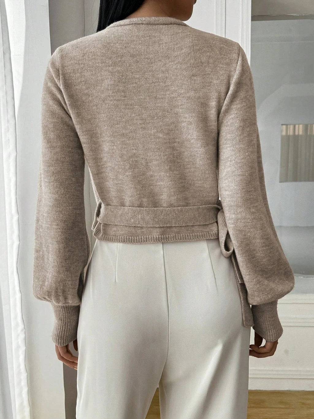 Women's Cropped Wrap Knit Jumper with Tie Waist and V-Neckline, view 3