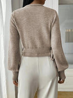 Women's Cropped Wrap Knit Jumper with Tie Waist and V-Neckline, view 3