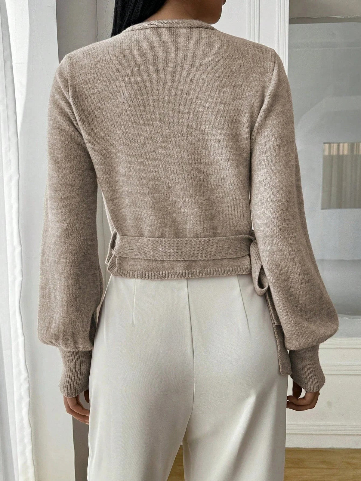 Women's Cropped Wrap Knit Jumper with Tie Waist and V-Neckline, view 3