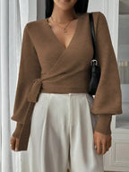 Women's Cropped Wrap Knit Jumper with Tie Waist and V-Neckline, Brown, view 4