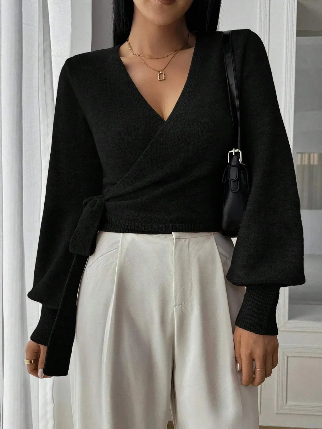 Women's Cropped Wrap Knit Jumper with Tie Waist and V-Neckline, Black, view 5