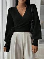 Women's Cropped Wrap Knit Jumper with Tie Waist and V-Neckline, Black, view 5