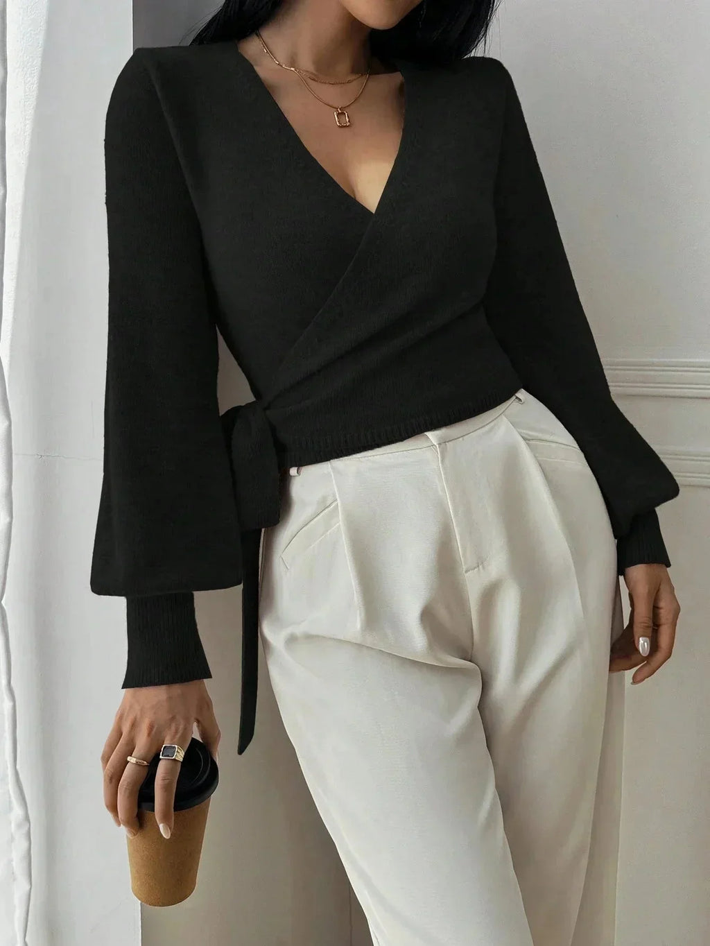 Women's Cropped Wrap Knit Jumper with Tie Waist and V-Neckline, view 6