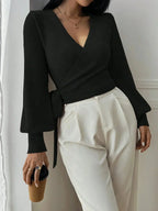 Women's Cropped Wrap Knit Jumper with Tie Waist and V-Neckline, view 6