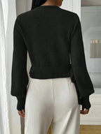 Women's Cropped Wrap Knit Jumper with Tie Waist and V-Neckline, view 7