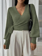 Women's Cropped Wrap Knit Jumper with Tie Waist and V-Neckline, Green, view 8
